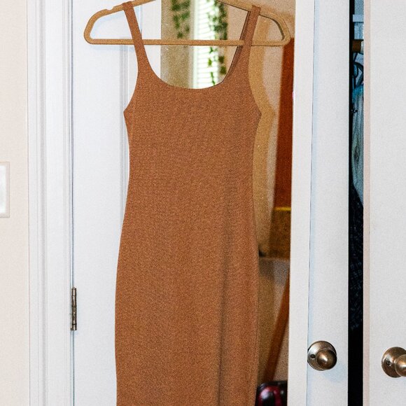 Solid Tan ZARA Bodycon Midi Dress - Picture 1 of 3